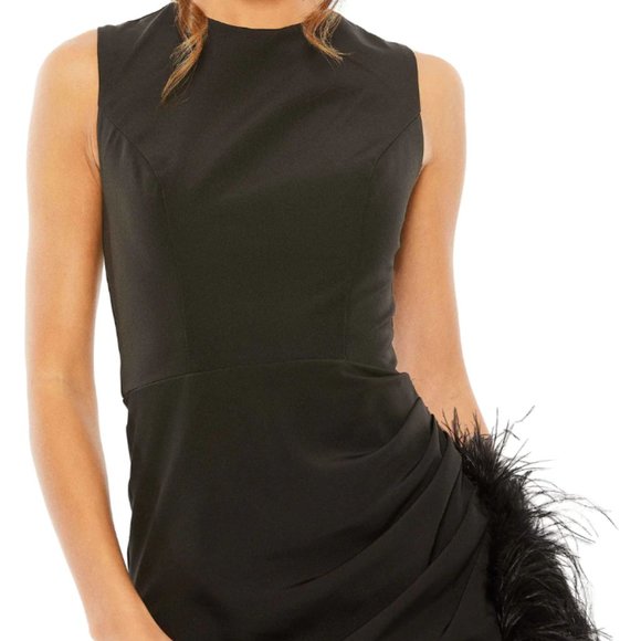 MAC DUGGAL 11626 SLEEVELESS FAUX WRAP FEATHER DETAIL SIDE SLIT BLACK DRESS sz 6 - Picture 2 of 5